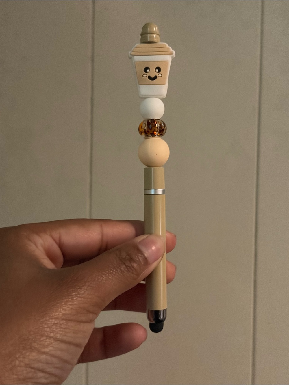 Cute Coffee Cup Beaded Stylus Pen - Beige & Cream